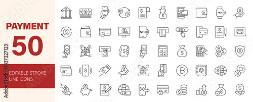 Payment icon set. Containing finance, money, banking, credit card, exchange, cash, payment methods, money transfer, bill, receipt, ATM, purchase and more. Editable line icons. Vector illustration.