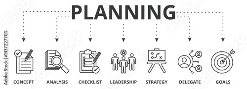 Banner planning vector illustration with icons of concept, analysis, checklist, leadership, strategy, delegate and goals