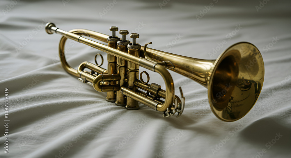 Obraz premium a vintage trumpet placed on a white sheet with soft shadows