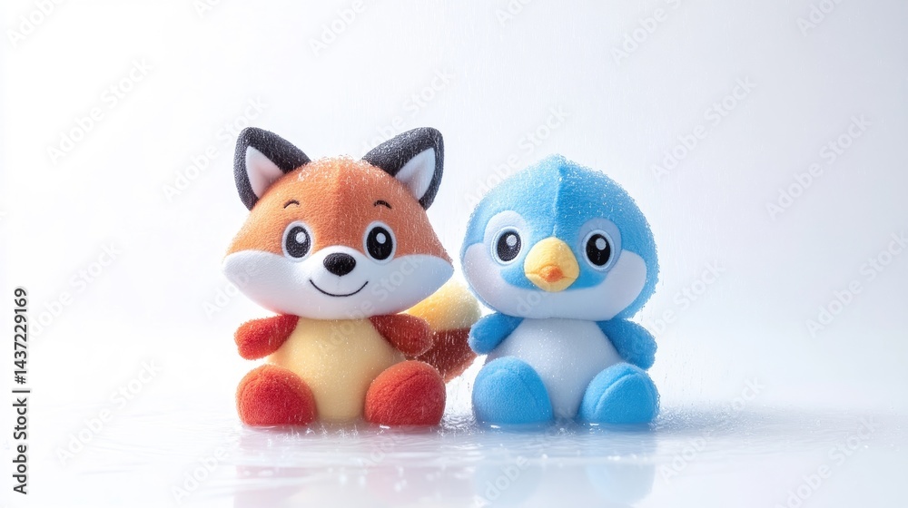 Fototapeta premium Plush Fox and Bird Toys Soft Pastel Style High-Resolution Studio Lighting Full Shot Close-Up View Adorable Animal Friends White Background Gentle Calming Tones Perfect for Baby Product Ads