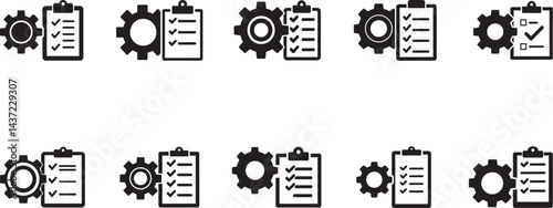 Vector icons representing checklists and gear symbols, symbolizing task organization, productivity, and workflow. Perfect for illustrating concepts like efficiency, management, and development in vari