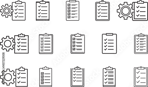 Collection of simple outlined icons featuring checklists and gears as visual metaphors for tasks, settings, and management, ideal for business and organization-themed uses.

