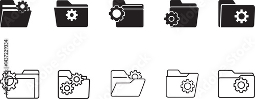 Collection of folder and gear icons in solid and outline styles, symbolizing configuration, organization, and digital folders. A versatile illustration for business, technology, or administration them