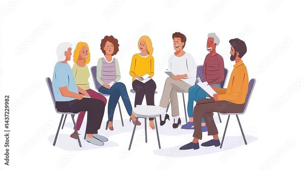 Group of Diverse People Engaged in Conversation in a Bright, Friendly Meeting Space Group of Diverse People Engaged in Conversation in a Bright, Friendly Meeting Space