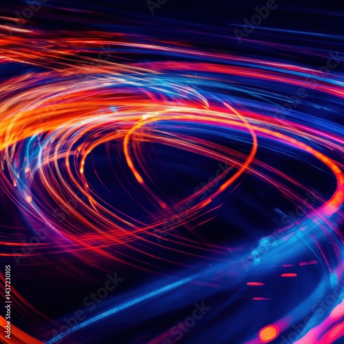 Abstract waves of neon blue and yellow glowing light forming a modern, energetic tech-inspired background on deep red and blue.