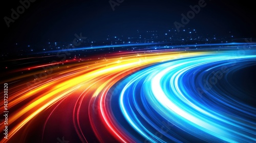 Digital light trails in neon blue and yellow weaving through a dark futuristic background with deep red and blue hues.