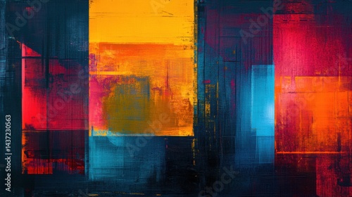 Digital tech-inspired abstract geometry with a smooth gradient of dark red and blue, accented by neon blue and yellow streaks.