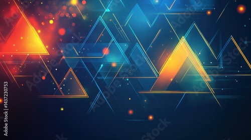 Floating neon blue and yellow triangular shapes creating a futuristic, digital-inspired abstract background over red and blue hues.