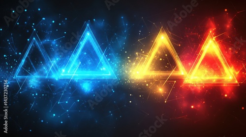 Floating neon blue and yellow triangular shapes creating a futuristic, digital-inspired abstract background over red and blue hues.