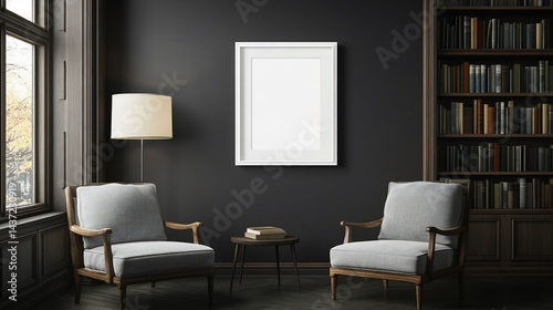 Dark Study Room Interior with Blank Poster and Armchairs