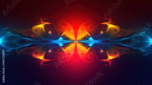 Futuristic abstract background with high-tech neon blue and yellow light trails over a deep red and dark blue gradient.