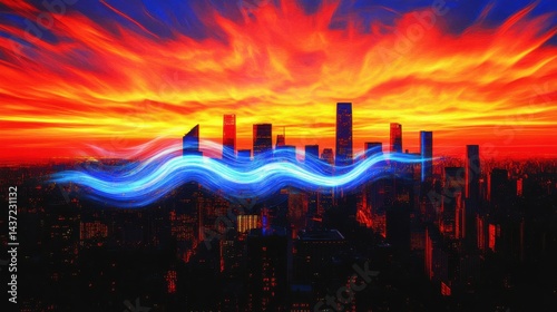 Futuristic cityscape silhouette blended with abstract neon blue and yellow light streaks over a red and dark blue digital backdrop.