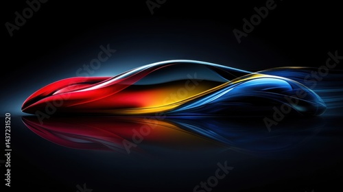 Minimalist yet futuristic abstract background with a smooth red and dark blue gradient, enhanced by flowing neon blue and yellow lights.