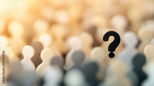 A bold question mark stands out among tiny, indistinguishable figures, emphasizing themes of identity and inquiry