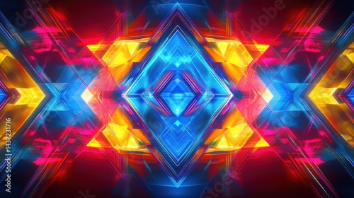 Smooth neon blue and yellow geometric gradients blending into a dark red and blue abstract high-tech background.