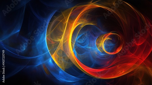 Smooth neon blue and yellow geometric gradients blending into a dark red and blue abstract high-tech background.