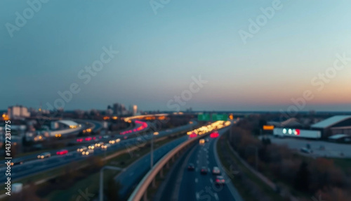 Blurred Highway Traffic at Dusk with Car Lights and City Skyline