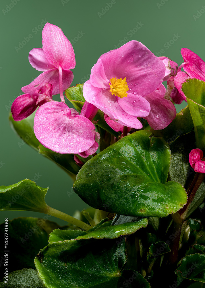 Vibrant Pink Begonia Blooms with Yellow Centers on Dark Green