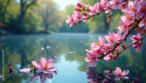 Delicate blossoms create repeating floral pattern across still lake water , lake scene, natural