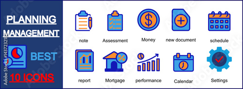 Planning Management best icon sheet collection wit note,assessment,money,new document,schedule,report,mortage,performance collection.
