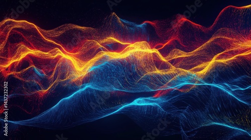 Ultra-modern digital background with fluid neon blue and yellow lines moving dynamically over red and dark blue hues.