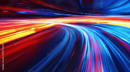 Vivid neon blue and yellow dynamic light streaks moving across a red and dark blue abstract tech background.