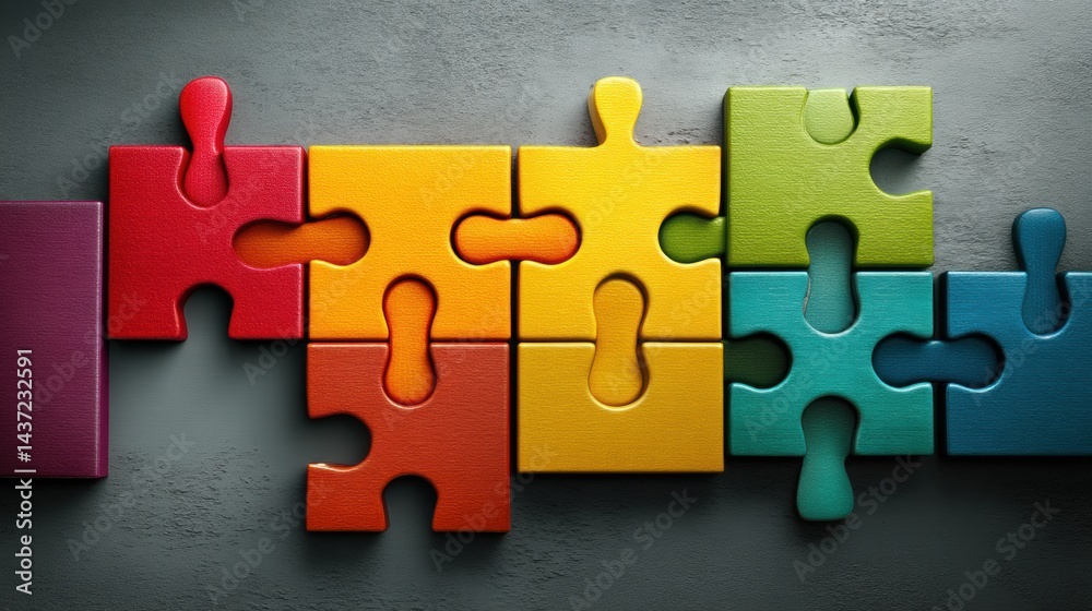 Fototapeta premium Colorful Puzzle Pieces on a Gray Surface Symbolize Teamwork and Collaboration in Problem-Solving Activities During a Brainstorming Session