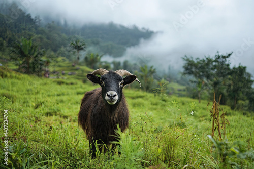 Dark Horned sheep in Lush Grassy Landscape with Fog - Wild Nature and Highland Stock Photo