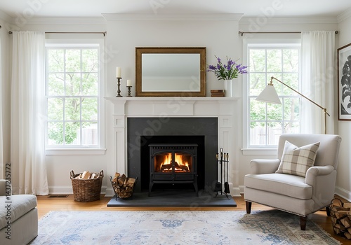 A cozy living room featuring a fireplace with a mirror and comfortable seating arrangement indoors