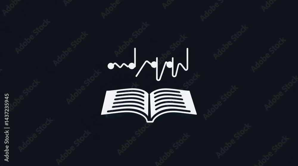 Fototapeta premium A modern black audiobook icon featuring an open book with soundwave lines emanating from it, perfect for sleek and minimalist UI designs in digital platforms