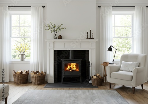 Living room with fireplace windows armchair and wood baskets creating a cozy and inviting atmosphere