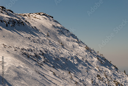 Fototapeta Naklejka Na Ścianę i Meble -  Mountain landscape in Poland. Babia Gora peak covered in winter snow. Babia Góra National Park.