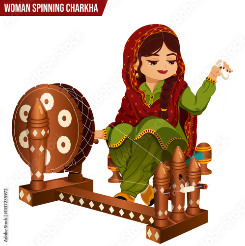 Indian Punjabi Woman Spinning Traditional Wooden Charkha Turning Fiber Into Yarn. Ethnic Village Lifestyle Activity
