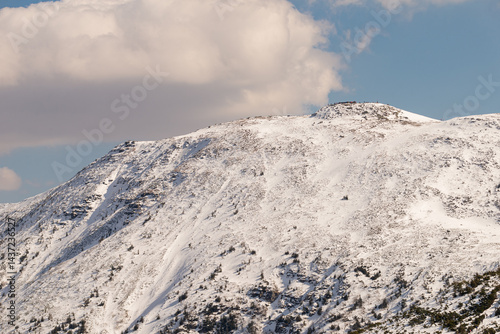 Mountain landscape in Poland. Babia Gora peak covered in winter snow. Babia Góra National Park.