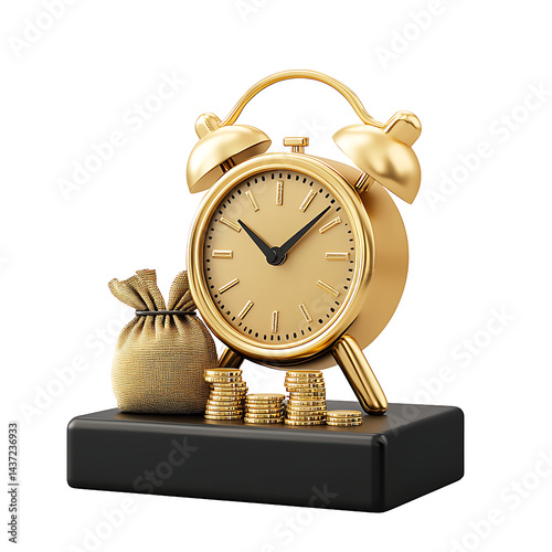 Golden alarm clock with money bag and coin stacks representing financial growth and investment success on a transparent background