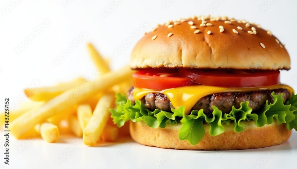 Close up of greasy burger and fries on white background, fries, patty Close up of greasy burger and fries on white background, fries, patty
