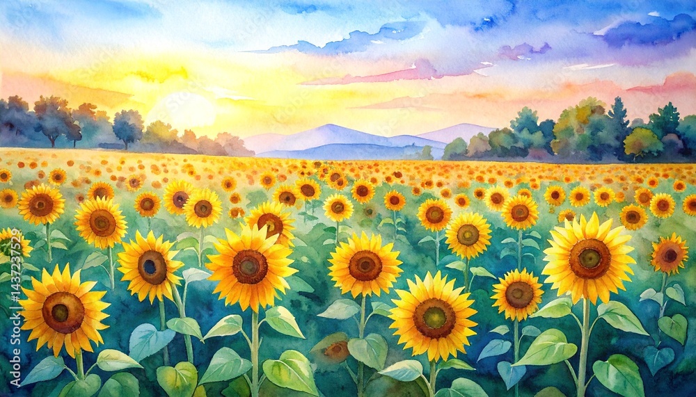 Fototapeta premium Illustration de paysage de champ de tournesol