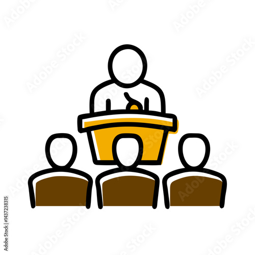 Lecture hall with a speaker at a podium presenting to an audience, engaging discussion on education and public speaking