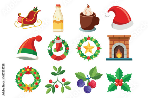 "Festive Christmas Vector Set - Santa Sleigh, Wreath, Hot Cocoa & More for Holiday Designs" 