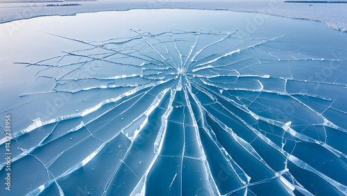 Fototapeta Naklejka Na Ścianę i Meble -  Stunning aerial view of a frozen lake with ice cracked in a beautiful radial pattern.