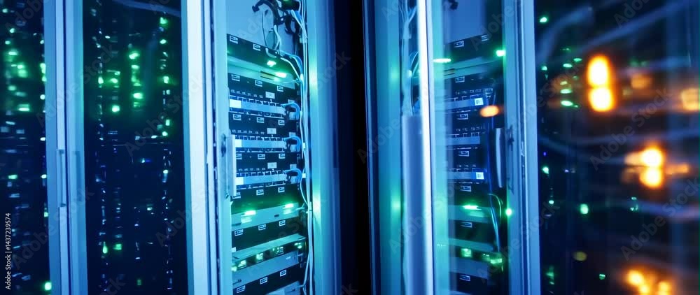 Anamorphic video Digital information flows through the network and data servers behind glass panels in the server room of data center or Internet service provider