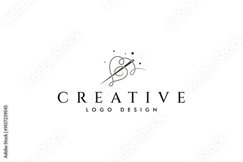 Vector logo on which an abstract image of a ball of wool with knitting needles in linear outline style.