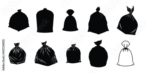 Bag icon set, Trash bag vector, Tied garbage bag silhouette.