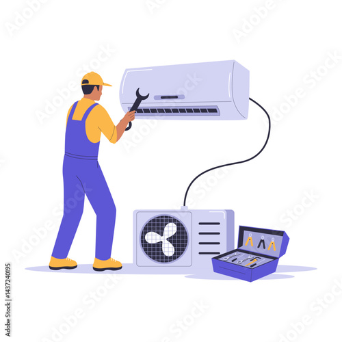 Illustration of a Home Repairman Fixing an Air Conditioner with Toolbox. Illustration for websites, landing pages, mobile apps, posters and banners
