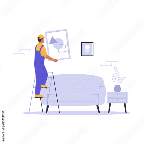 Illustration of a Home Repairman Fixing an Air Conditioner with Toolbox. Illustration for websites, landing pages, mobile apps, posters and banners