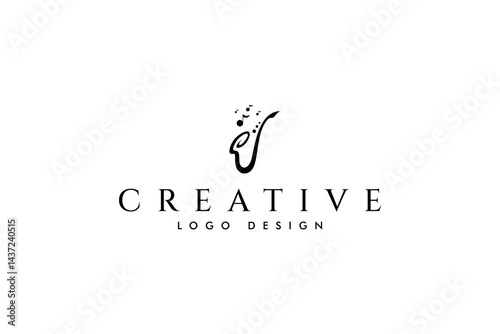 saxophone logo with rhythm notes in flat vector design