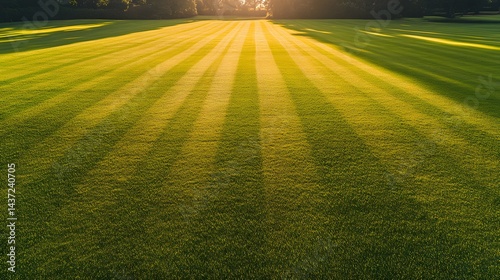 Perfectly manicured lawn exhibiting striped patterns in golden sunlight.