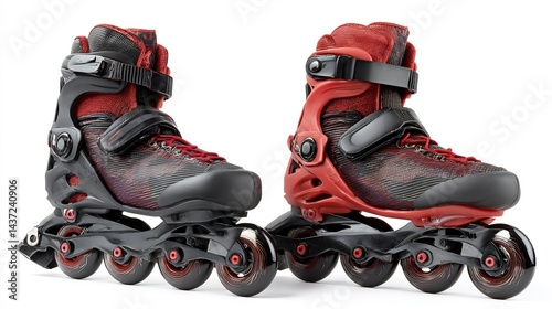 Pair of modern inline skates with red and black accentuation displayed on a pristine background