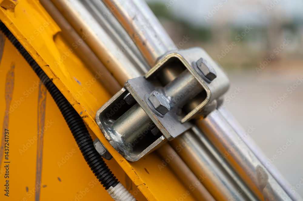 Angular view of outdoor construction equipment mechanism at industrial site