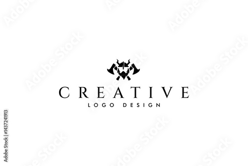 pirate viking logo with axe in white background flat vector design